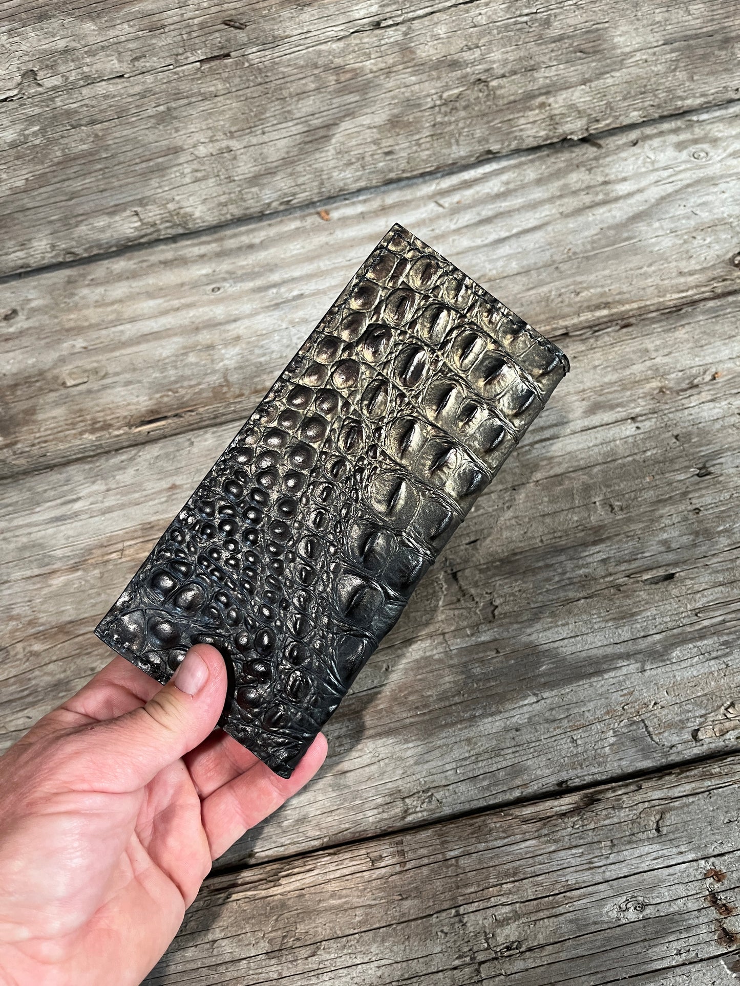 Handmade Leather Wallets, Long Wallet-Black and Gold Croc